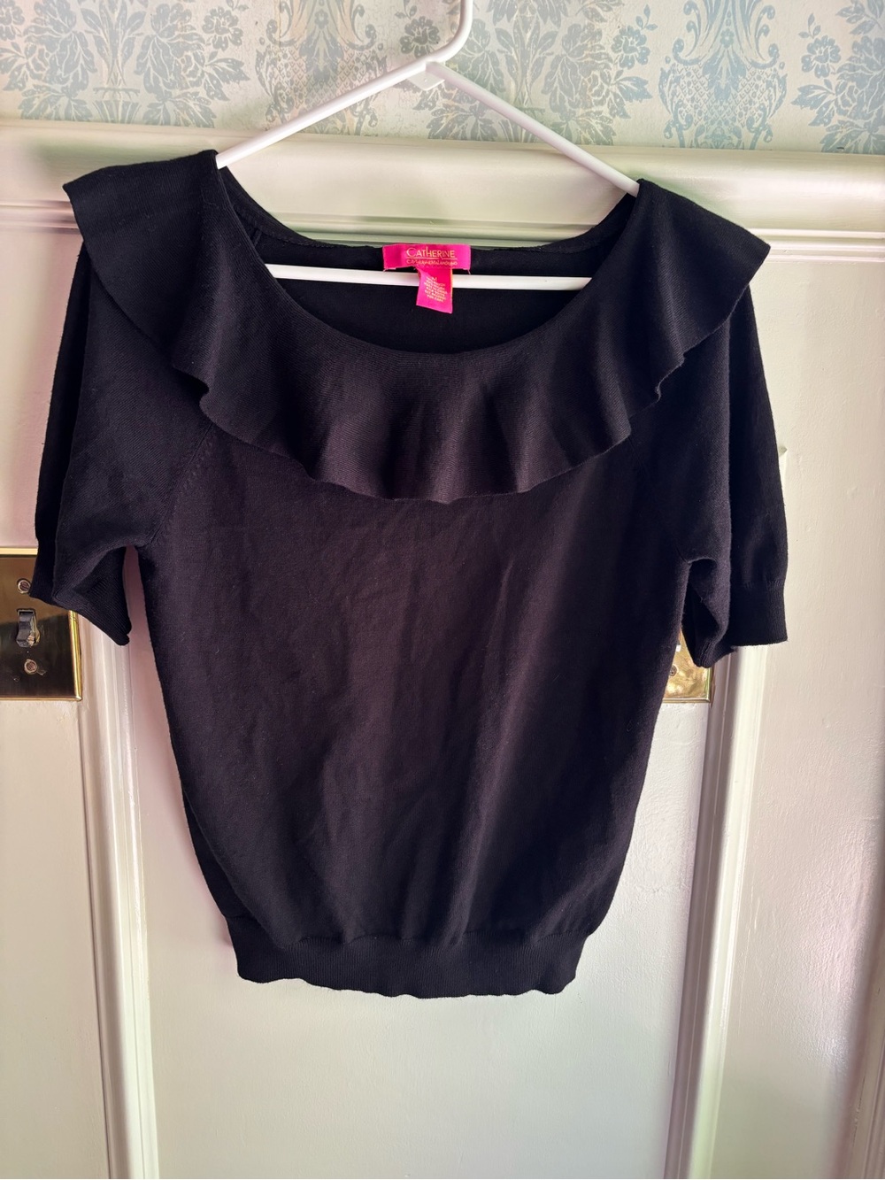 Catherine Malandrino Black Ruffle Collar Knit Top